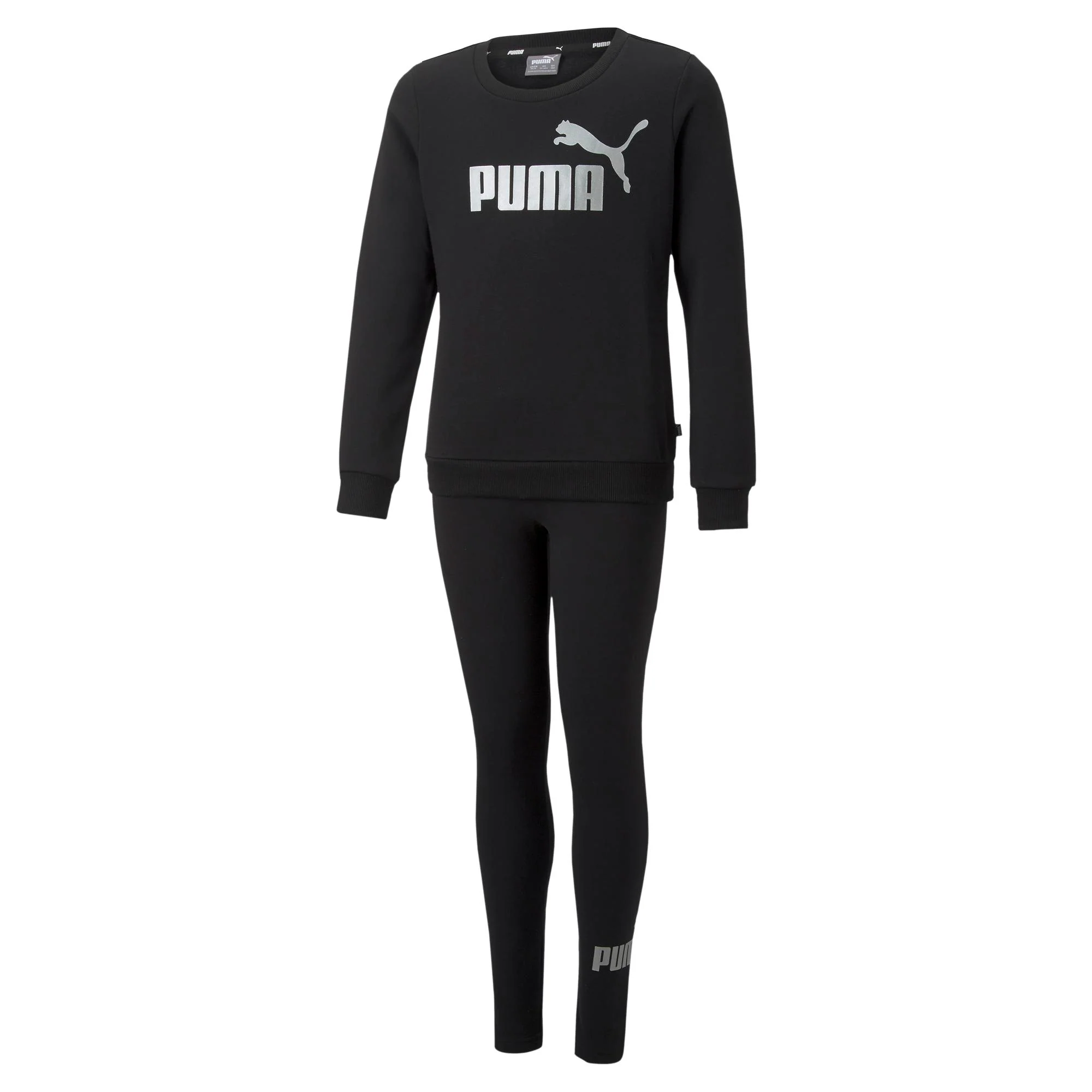 Tuta nera da bambina con logo argento sul petto e leggings Puma Crew Set