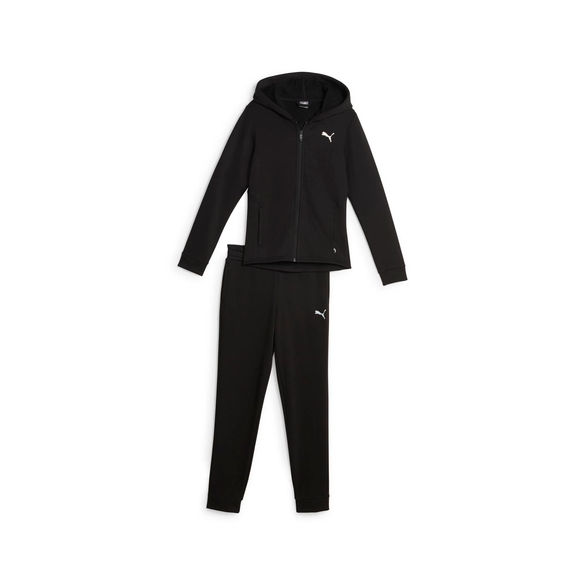 Tuta nera da bambina con logo sulla felpa e sul pantalone Puma Essentials