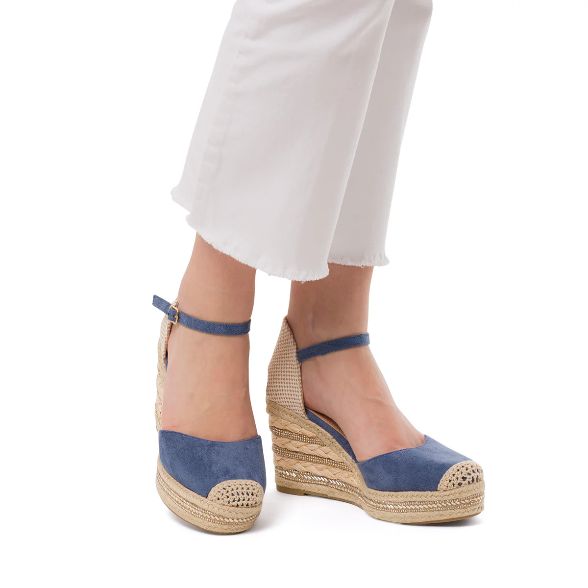 Sandali Zeppe da Donna blu con dettagli effetto rafia e tacco 10 cm Lora Ferres