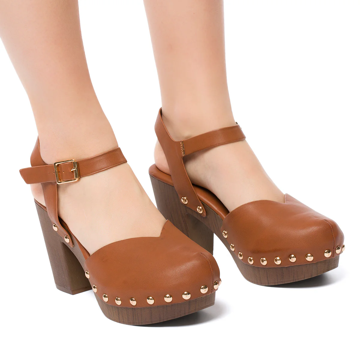 Zoccoli color cuoio da donna con tacco 9 cm e plateau Lora Ferres - Image 3